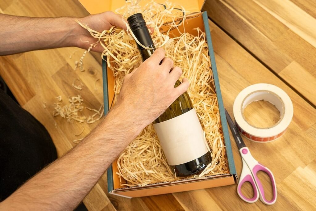 Mains calant une bouteille de vin dans une boîte d'expédition garnie de frisure de bois, avec ruban adhésif et ciseaux